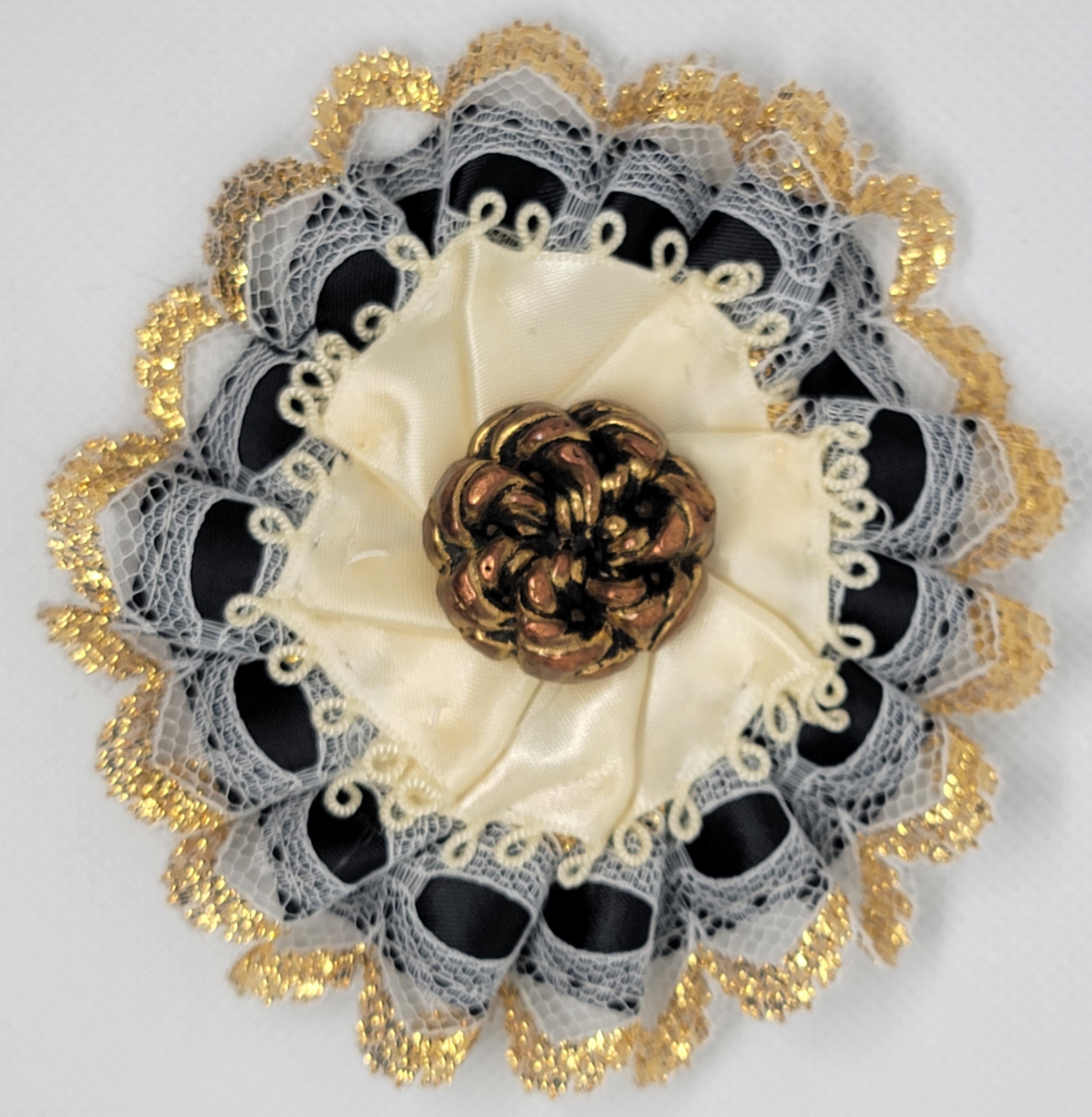 Satin Cream, Black & Gold Lace with Braided Bronze Button Cockade-Rosette