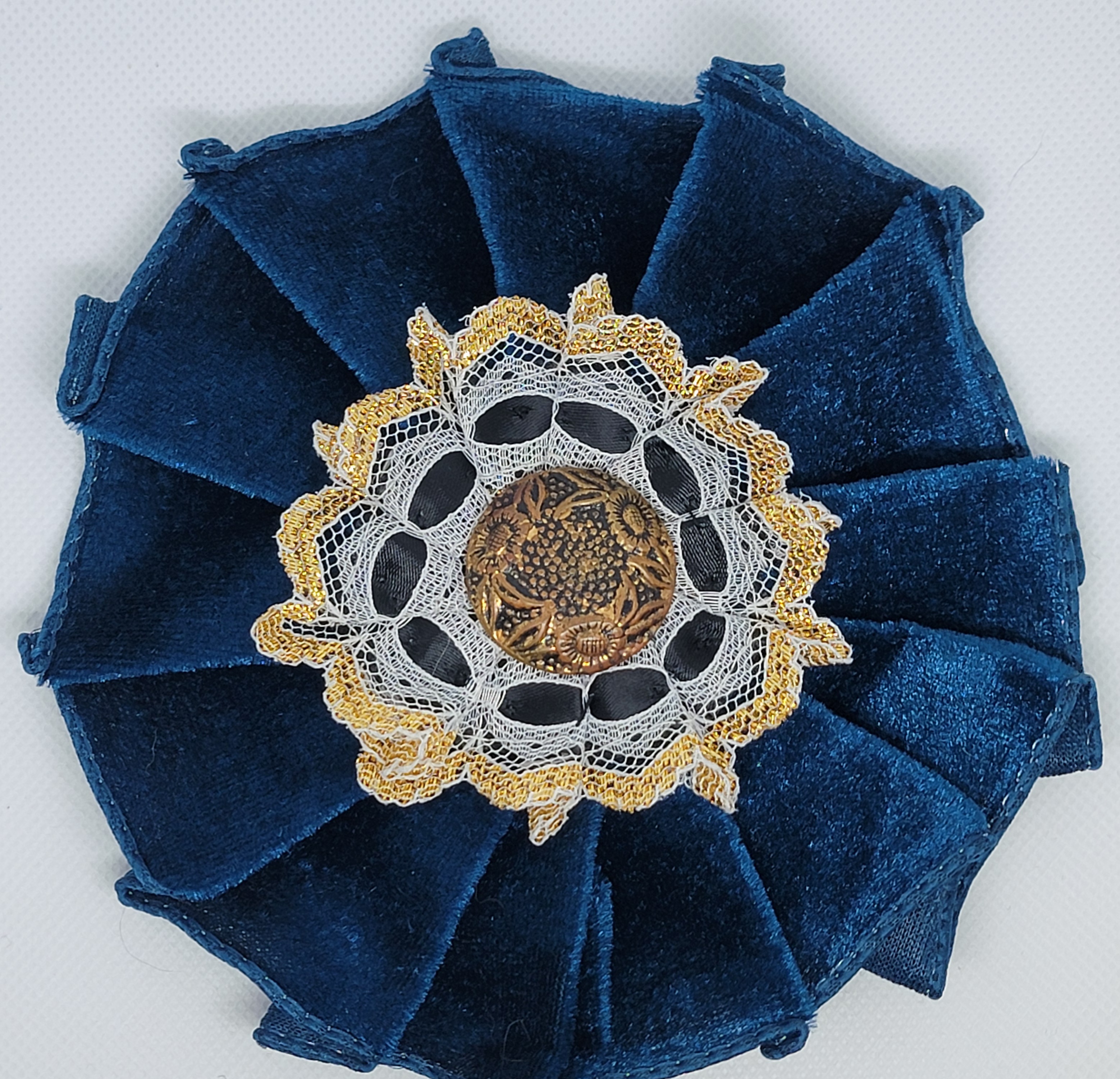 Black & Gold Lace & Blue Velvet with Bronze Floral Button Cockade-Rosette