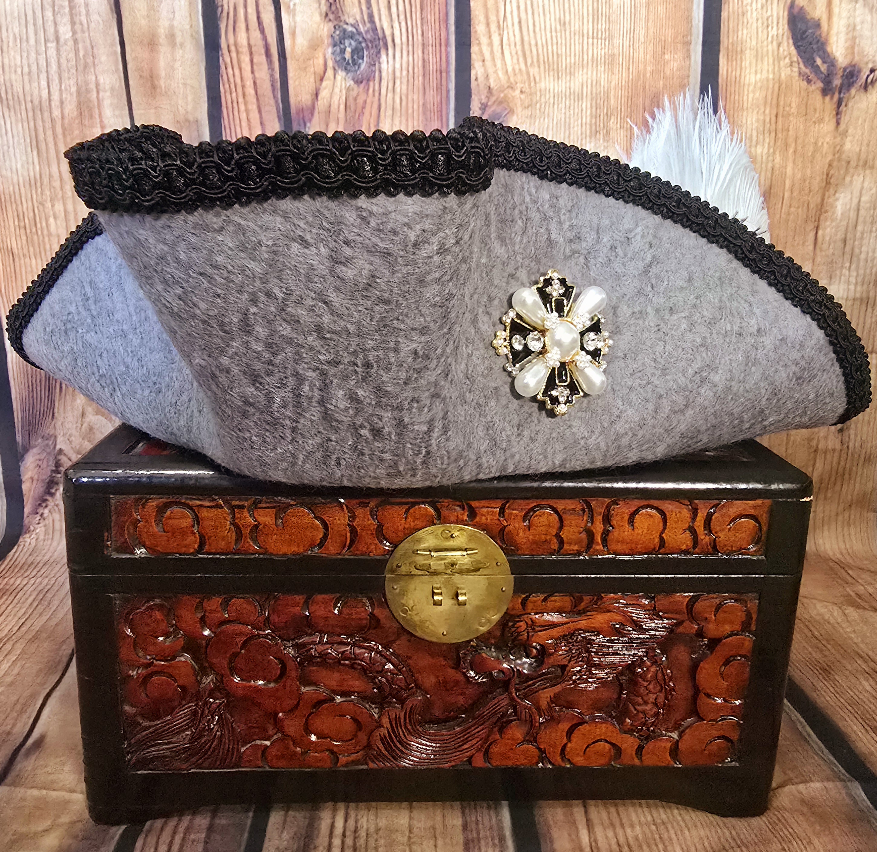 Silver Grey with Black Trim & Pearl Pirate Hat